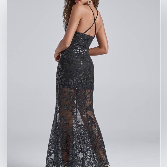 Sexy Black sequin dramatic sheer pattern black tie special occasion prom sz Med - Picture 3 of 11